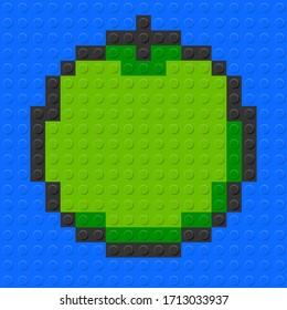 La manzana verde de los ladrillos de construcción de plástico bloquea el juguete. Fondo azul. ilustración vectorial.