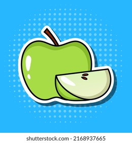 Green apple in pop art style. Editable. Sticker. Illustration