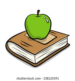 green apple put on a brown book / vector cartoon, illustration, isolated on white background.