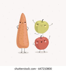  Green apple and red apple are dancing, orange carrot stays nearby wirh arms akimbo.Vector illustration isolated on a white background. 