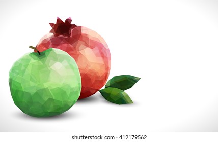 Green Apple and Red Pomegranate Modern style polygonal fruits with leaf, isolated on the white background with soft shadow vector template. Apple and Garnet fruit mix illustration