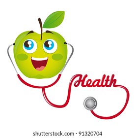 green apple and red  stethoscope vector illustration. cartoon