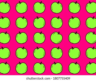 Green Apple repetition pattern over pink background. Fashion, meals and decorative concept