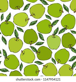 Green Apple Seamless Endless Pattern. Red Apple Fruit. Home Brew. Autumn or Fall Vegetable Harvest Collection. Realistic Hand Drawn High Quality Vector Illustration. Doodle Style.