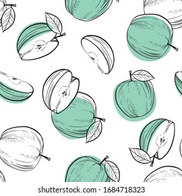 Green apple seamless endless pattern. Doodle style background.