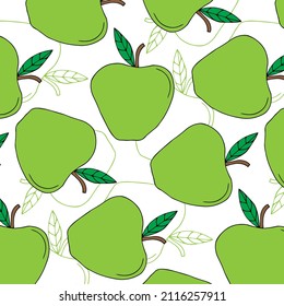 Green Apple Seamless Endless Pattern. Red Apple Fruit. Home Brew. Autumn or Fall Vegetable Harvest Collection. Realistic Hand Drawn High Quality Vector Illustration. Doodle Style.