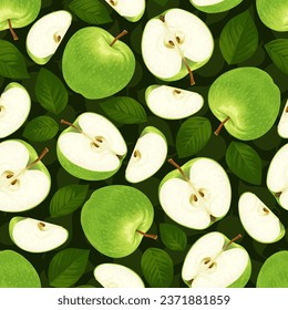 Green apple. Seamless pattern of green apples on a dark background with green leaves. Whole and sliced apple. The design is great for wallpaper, fabric, labels, packaging.