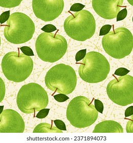 Green apple. Seamless pattern of green apples on a beige background with splashes. Whole apple with leaf. The design is great for wallpaper, fabric, labels, packaging.
