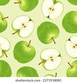 manzana verde. Patrón sin foco de manzanas verdes sobre un fondo verde. manzana entera y cortada. El diseño es perfecto para papel pintado, tela, etiquetas, empaque.