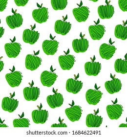Green apple seamless pattern. Hand drawn abstract apples fruit. Cute doodle background for kitchen and food design.