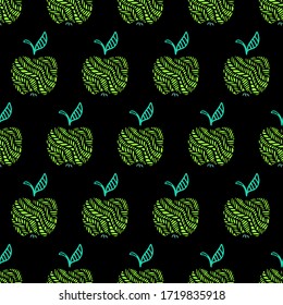 Green apple seamless pattern. Hand drawn abstract apples fruit in cute doodle style on black background. Food design for kitchen, apron and tablecloth. Good for fabric and textile.