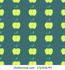 Green apple seamless pattern. Hand drawn abstract apples fruit in cute doodle style on dark background. Food design for kitchen, apron and tablecloth. Good for fabric and textile.
