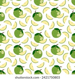 Green apple seamless pattern on a white background. Cute hand drawn illustration