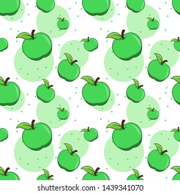 Green Apple seamless pattern with Polka dots for print, fabric and organic, raw products packaging. Texture for eco and healthy food on white Background