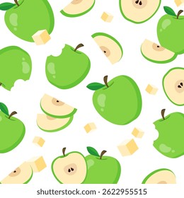 Green apple seamless pattern with sliced apple ornament. Healthy food vector. Fresh fruit for breakfast.