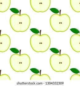 green Apple Seamless Pattern and slices. fruit summer on white background. Elements for menu. poster, textile, greeting card design. Vector illustration.