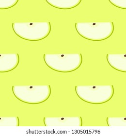 green Apple Seamless Pattern and slices. fruit summer on green background. Elements for menu. poster, textile, greeting card design. Vector illustration.