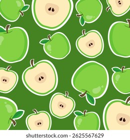 Green apple seamless pattern with white outline and background. Fresh fruit cartoon. For wallpaper, summer, paper wrapping kid decoration and fashion fabric