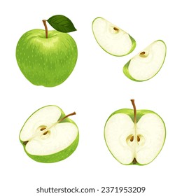 Green apple. Set of green apples isolated on white background. Whole and sliced apple.