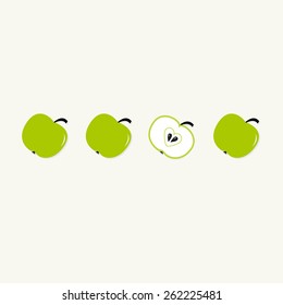 Green apple set in a row. Whole and half with heart seed. Healthy lifestyle background Flat design Vector illustration