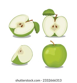 Green apple set vector illustration. Cartoon isolated whole delicious juicy fruit and cut into portion slices, half and quarter pieces, tree branch with organic fruity apples, and green leaves