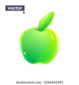 Green apple with shiny leaf, juicy vector emoji illustration. Pure fruit logo for vegetarians. Realistic 3D render design element in plastic cartoon style. Vivid icon on white background.