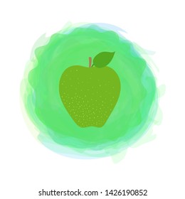 Green apple. Sketch fruit with leaf isolated on watercolor round background. Hand drawn doodle vector. Organic food label. Environmentally friendly product. Vegan cuisine. Vegetarian menu