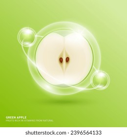 Green apple slice in bubble surrounded by collagen solution hyaluronic acid serum for cosmetic beauty nutrition. Fruits rich in vitamins from natural. Vitamin C essential to the health skin care.