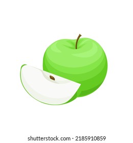 Green apple with slice cartoon vector illustration. Apple sllice and a whole apple. Isolated on white background. 