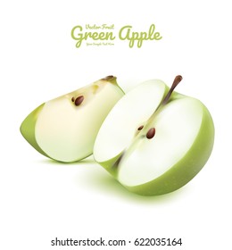 Green apple slice and half isolated. fruits vector illustration. Modern style realistic