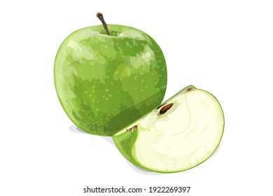 Green apple with slice isolated on white background. Vector illustration