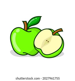 manzana verde con una rebanada de otra manzana. ilustración vectorial de manzana verde con sombra y fondo blanco