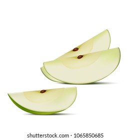 Green apple slices isolated on white background. Realistic 3d vector.