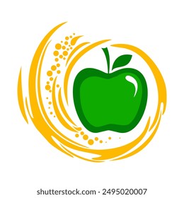 Green apple in splash. Transparent apple juice splashing with drops. Vector design of an apple. Fresh fruit with juicy splashes. Abstract flat design drawn healthy food. Fruit logo design fresh fruits