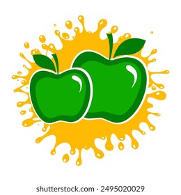 Manzana verde en salpicadura. Zumo de manzana transparente salpicado con gotas. Fruta fresca con jugosas salpicaduras. Diseño de Vector de una manzana. Abstractas diseño plano dibujado comida saludable. Diseño de logotipo de frutas frescas