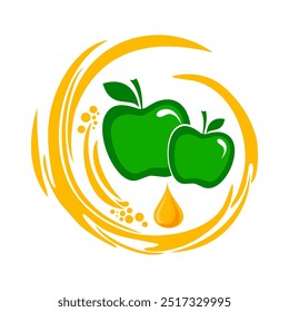 Maçã verde no splash. Suco de maçã transparente salpicando com gotas. Projeto vetorial de uma maçã. Frutos frescos com salpicos suculentos. Projeto plano abstrato desenhado comida saudável. Logotipo de fruta design frutas frescas