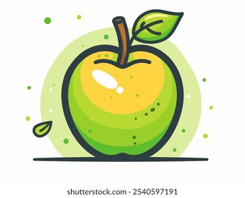 Green apple with a stem and leaf on top. The apple is placed on a white background