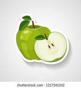 Green apple sticker vector illustration. Cartoon sticker with white contour in comics style. Decoration for patches, emblems, prints for clothes, cards, posters.
