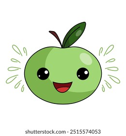 Una manzana verde al estilo kawaii. Vector brillante, divertido, lindo, ilustración para niños de fruta jugosa. Un elemento decorativo para la decoración, decoración, diseño. Un alegre personaje de manzana con ojos 