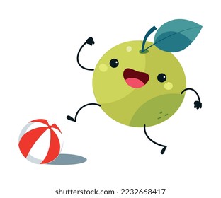 Green Apple as Summer Fruit Character Playing Ball Enjoying Vacation and Having Fun Vector Illustration