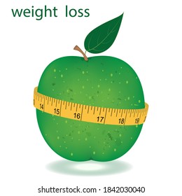 Green apple surrounded by a measuring tape - vector. Healthy food concept. Balanced food.