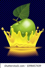 Green apple and transparent splash crown of juice. Vector illustration