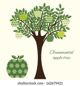 Green apple tree with different ornamental apples. Vector illustration. Apples can be used separately.