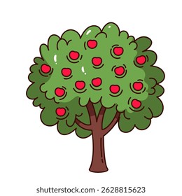 Green apple tree with round crown full of red fruits. Cute cartoon doodle style with thick outline and simple shapes. Farming or kids design element. Vector illustration.