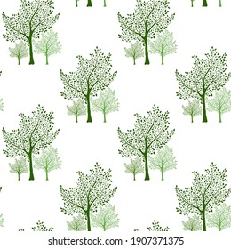 Green apple trees silhouettes seamless pattern vector illustration. Textile print design. Green trees isolated background. Seamless pattern of trees with branches and leaves.