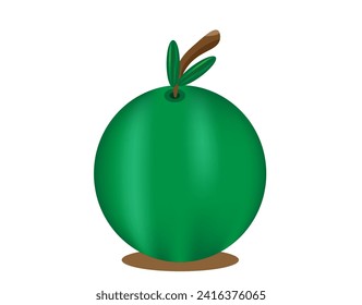 una manzana verde con una ramita y dos hojas sobre un fondo blanco