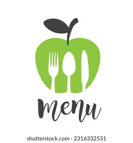 Green apple with utensils, icon, vector.