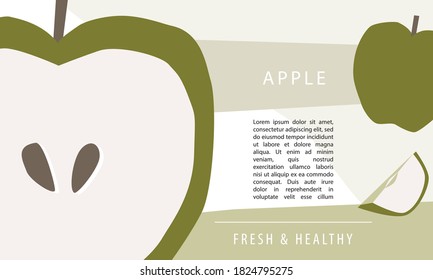 Green apple vector clipart styled as wallpaper, banner or packaging design with fresh whole fruit, half and slice isolated images under mask. 
