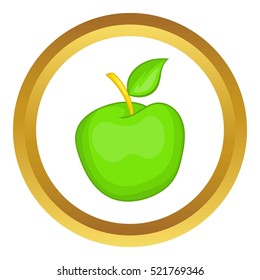 Green apple vector icon in golden circle, cartoon style isolated on white background