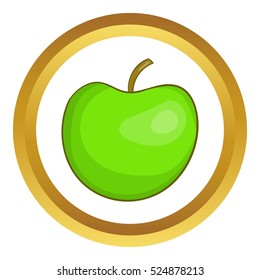 Green apple vector icon in golden circle, cartoon style isolated on white background